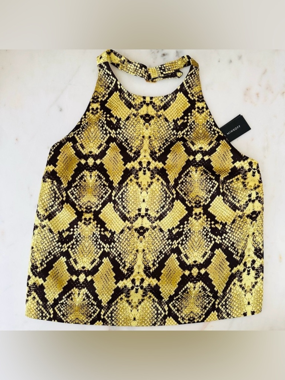 NWT Rebecca Minkoff Isadors Yellow & Black Snake Print Halter top size Medium